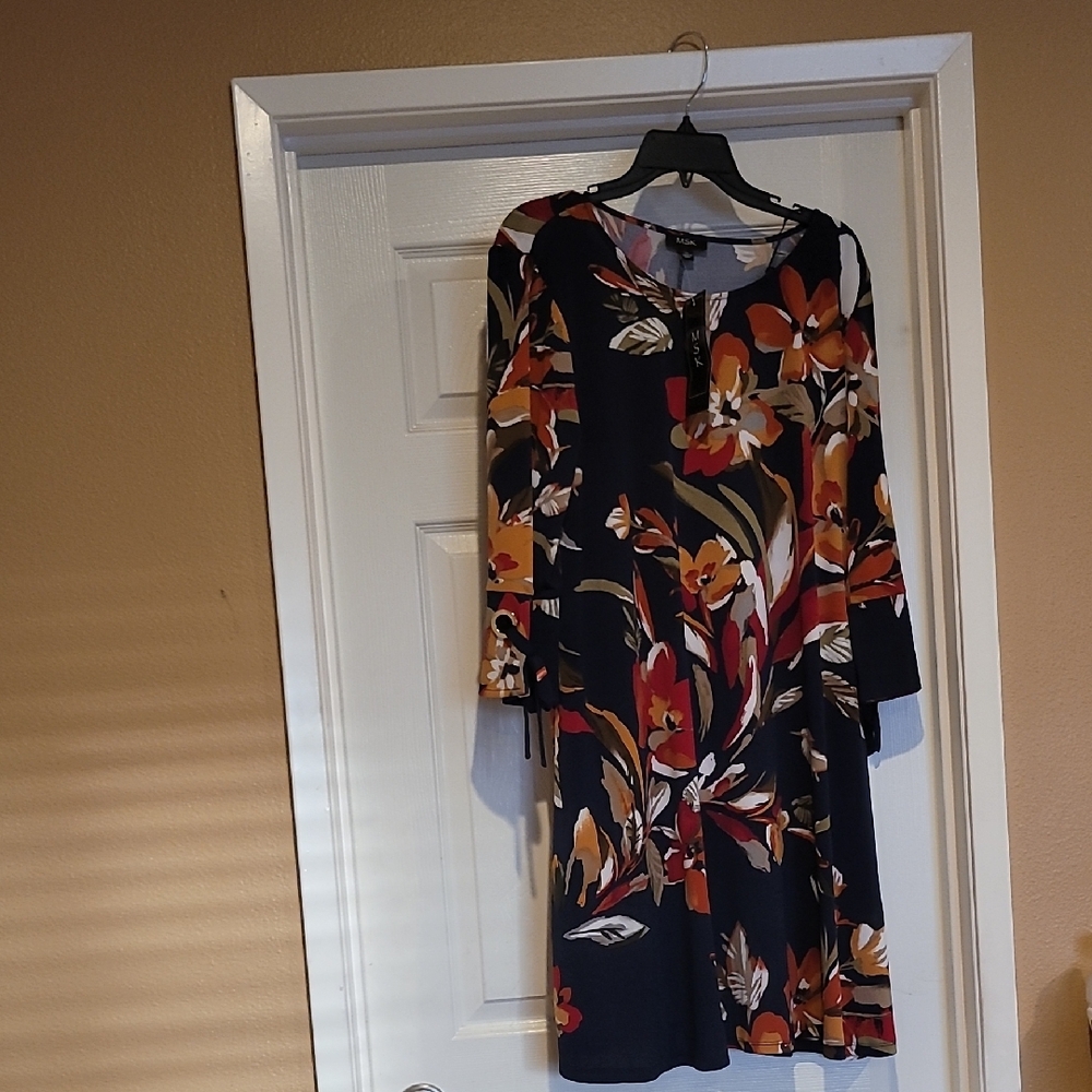 Navy Floral A-line Dress with 3/4 Sleeves for Work